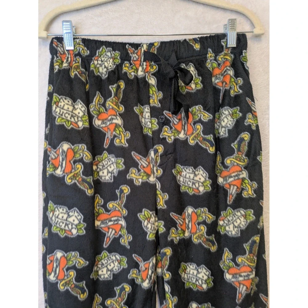 Ed Hardy Junior's‎ Size M Tattoo Print Fleece Pajama Pants Black and Orange